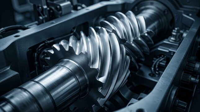 Detailed industrial silver gear with a sharp spiral design.