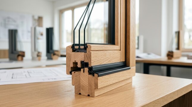 Close-up view of a wooden window frame design with glass and black seals.