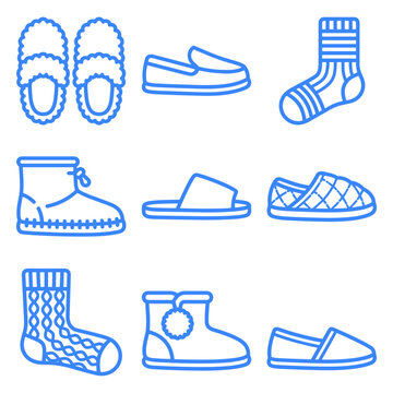Cozy Footwear Icons Collection Warm Slippers Boots Socks Shoes Flat Design