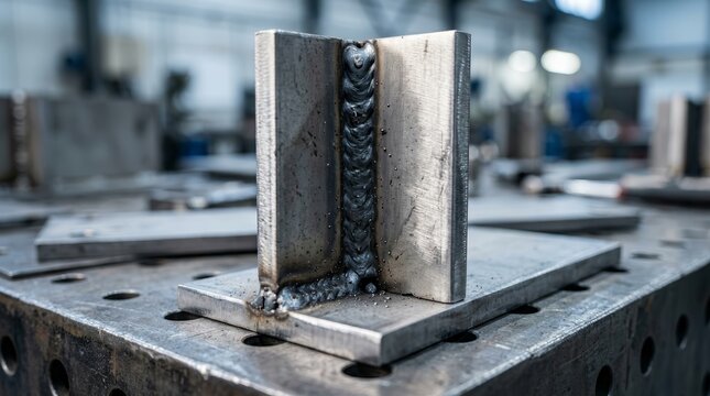 Metal fabrication process showing a welding seam on steel pieces in a factory.