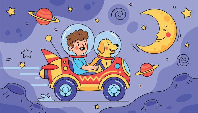 Little boy and his dog wearing space helmets and driving a rocket car in the outer space with planets and moon.