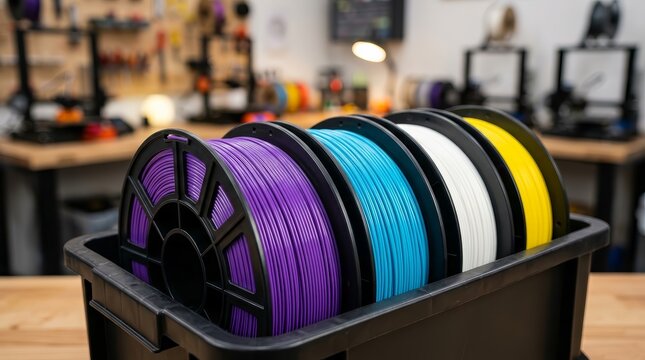 Various colored plastic 3D printing filament spools organized in a professional container.