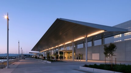Obraz premium Modern waterfront terminal with expansive covered walkway illuminated columns and concrete facade under twilight sky