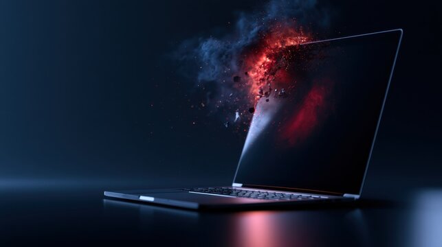 Futuristic laptop with dynamic explosion of red and blue particles emerging from the screen on dark reflective surface background