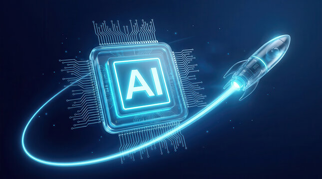 Glowing blue AI chip with rocket launching along orbital trail, artificial intelligence startup growth concept, digital technology background for innovation, business acceleration and future success