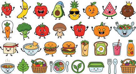 Obraz premium Cute kawaii food characters and healthy sticker vector set with smiling fruits vegetables fast food