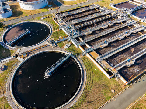 Treatment plant for wastewater in a large city showing different sections for filtering and processing