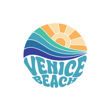 Venice Beach. Sunshine Paradise Abstract Wave Good Vibes Vintage Print Design Isolated on White Background
