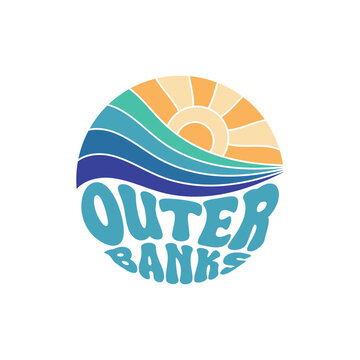 Outer Banks. Sunshine Paradise Abstract Wave Good Vibes Vintage Print Design Isolated on White Background