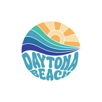 Daytona Beach. Sunshine Paradise Abstract Wave Good Vibes Vintage Print Design Isolated on White Background