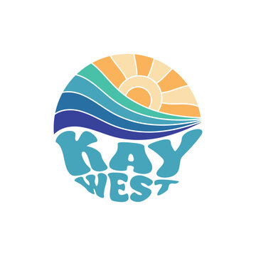 Key West. Sunshine Paradise Abstract Wave Good Vibes Vintage Print Design Isolated on White Background