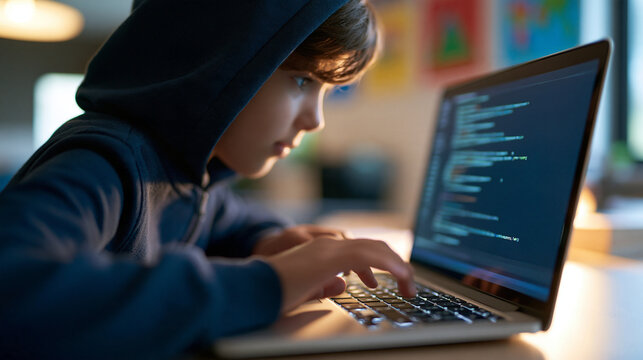 Over the shoulder view of a young child in a hoodie typing on a computer keyboard, bright cheerful home background with colorful learning posters, kids coding education, early