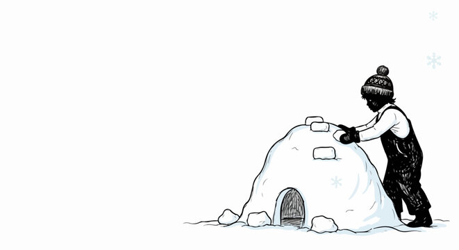 Child building igloo in snow vector illustration.