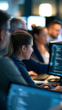 Rear view of a multiracial group of programmers working together on coding software, bright modern office background with multiple monitors, software programming, coding