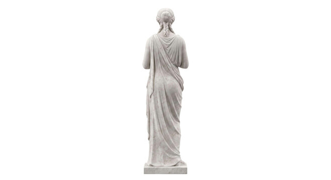 Ancient marble statue of a woman in a draped toga, seen from behind