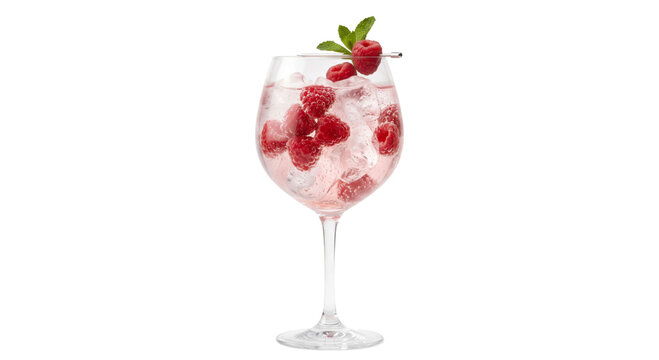 Refreshing raspberry gin cocktail with mint and ice in a balloon glass