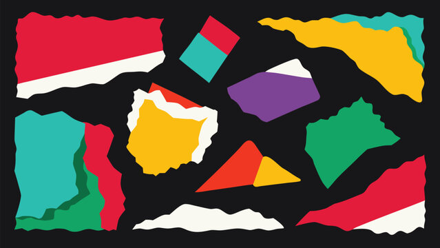 Colorful Torn Paper Collage Elements, Ripped Edge Scrapbook Shapes and Abstract Vector Set