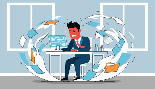 Stressed red faced businessman overwhelmed by a chaotic tornado of floating documents and folders at his office desk.