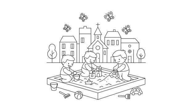Fun children coloring page featuring three happy boys playing in a sandbox with toy shovel, bucket, and sandcastle.