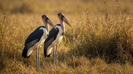 Fototapeta premium Two Greater Adjutant storks stand in dry grassy field at golden hour. Large birds with long beaks have dark gray wings and white bodies, looking right. Wild nature scene.