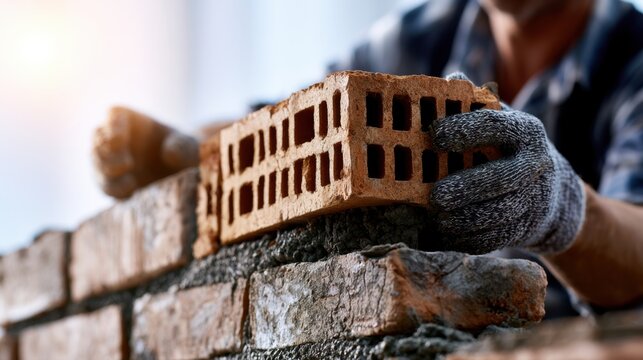 Worker wearing gloves carefully placing a hollow clay brick on a cement mortar wall during construction in natural light setting