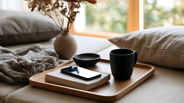 A cozy indoor scene with a wooden tray holding a black mug  smartphone  and notebook beside pillows and dried flowers near a window