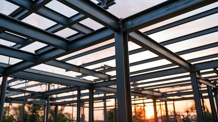 Obraz premium Steel framework structure with intersecting beams and columns under soft golden hour lighting showcasing industrial construction geometry