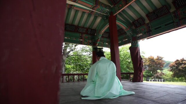 조선시대 선비 한복 갓 전통 역사 정자 누정 유학자 양반 유학 학자 뒷모습 사대부 인물 남성 도포 자연 경치 산세 수목 숲 힐링 풍류 사색 풍경 한옥 한국 문화재 유적지