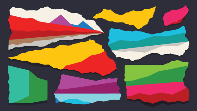 Colorful Torn Paper Collage Elements, Ripped Edge Scrapbook Shapes and Abstract Vector Set