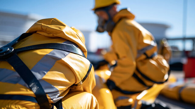 Rear view of european hazmat worker in protective suit handling an absorbent boom near industrial containment equipment, bright facility background with storage tanks under clear