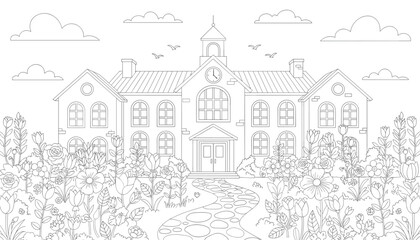 Naklejka premium Beautiful large school building facade with a stone pathway and a lush flower garden in detailed line art style.