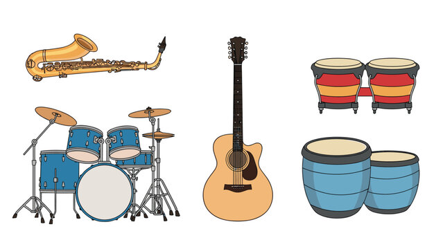 Various musical instruments including a saxophone, acoustic guitar, drum kit, and conga drums on a white background.