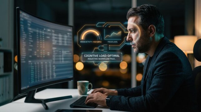 Focused professional utilizing advanced AI and data visualization on a curved holographic display, optimizing business strategies