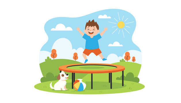 Energetic young boy jumping on an outdoor trampoline in a sunny park with his puppy dog and a colorful beach ball.