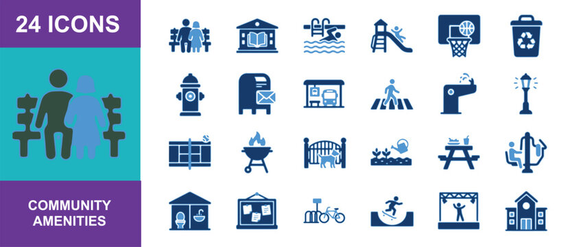 Set of twenty four blue vector icons representing various community amenities and public park facilities for urban planning design projects