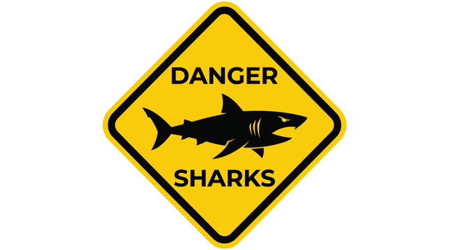Yellow diamond shaped vector graphic design illustration featuring a black shark icon warning of danger