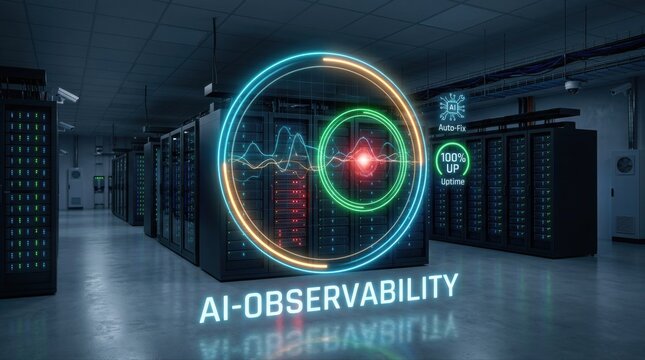 AI-powered data observability and advanced analytics visualizing network performance in a modern server room infrastructure, optimizing digital operations and security systems