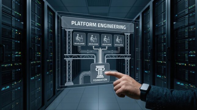 Futuristic visualization of platform engineering architecture presented on an interactive holographic display in a high-tech data center environment