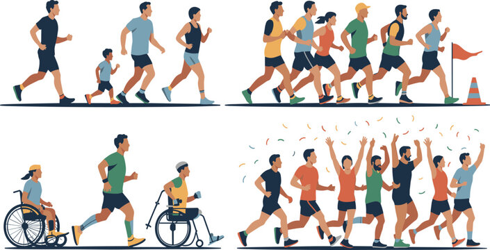Community charity marathon and fun run vector character set featuring multiethnic joggers, adaptive wheelchair athletes, and finish line celebrations