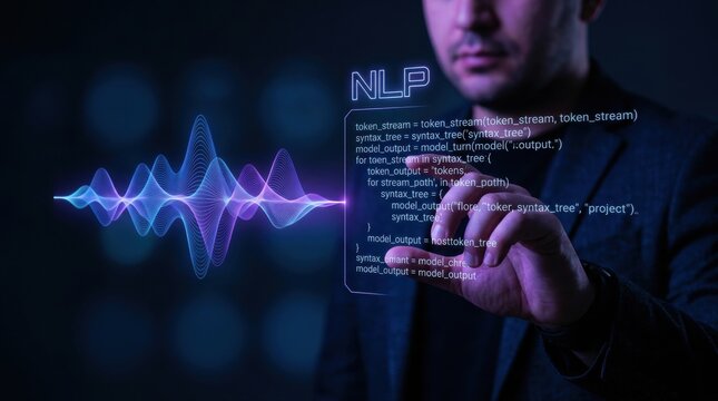 Professional Man Interacting with Advanced Natural Language Processing AI Interface, Visualizing Dynamic Voice Data and Code for Futuristic Digital Communication Technology Solutions