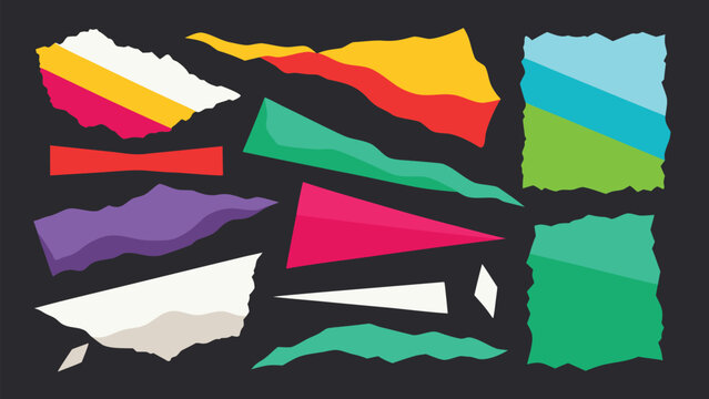Colorful Torn Paper Collage Elements, Ripped Edge Scrapbook Shapes and Abstract Vector Set