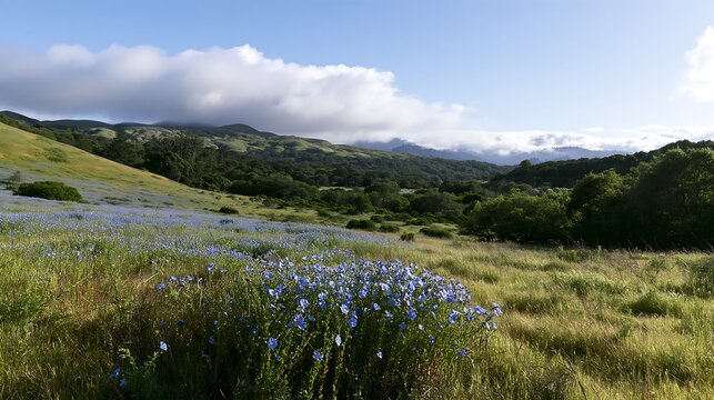 Cloudy foothill meadow with blooming wildflowers
