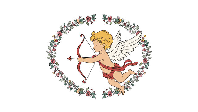 Cupid angel flying with a bow and arrow inside an elegant circular floral wreath frame, isolated on white background.