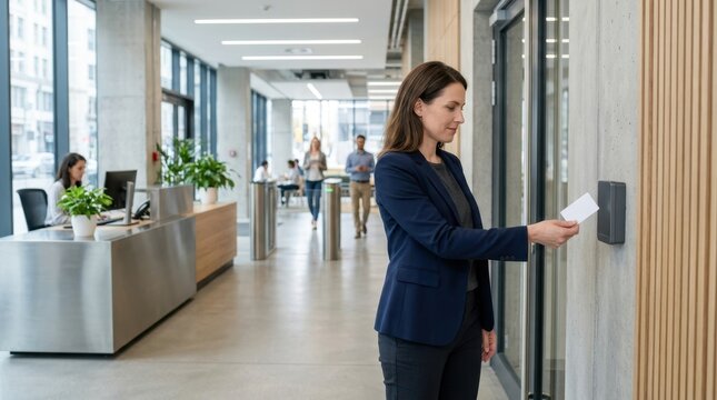 Businesswoman using contactless keycard for office access control. Professional woman scanning smart card at security reader in modern lobby