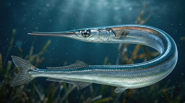 Long Tom Garfish (Belone belone) swimming underwater in the deep ocean