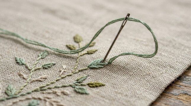 Macro close up of sewing needle embroidering a green leaf. Detailed floral needlework on textured beige linen fabric