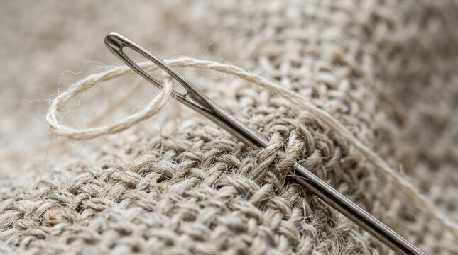 Extreme macro shot of a sewing needle piercing coarse woven fabric. Detailed texture of textile and thread