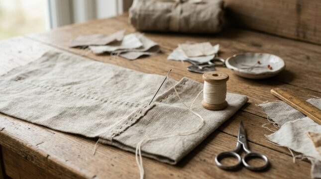 Close up of a sewing needle and thread on linen fabric. Handmade craft and tailoring concept on a rustic wooden table