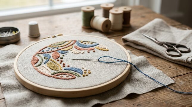 Colorful abstract embroidery in a wooden hoop. Sewing needle and thread for needlework hobby