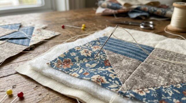 Close up of a sewing needle stitching a patchwork quilt. Hand quilting process with fabric and batting